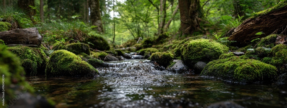 Fototapeta premium Lush forest stream with moss-covered rocks and dappled sunlight through trees