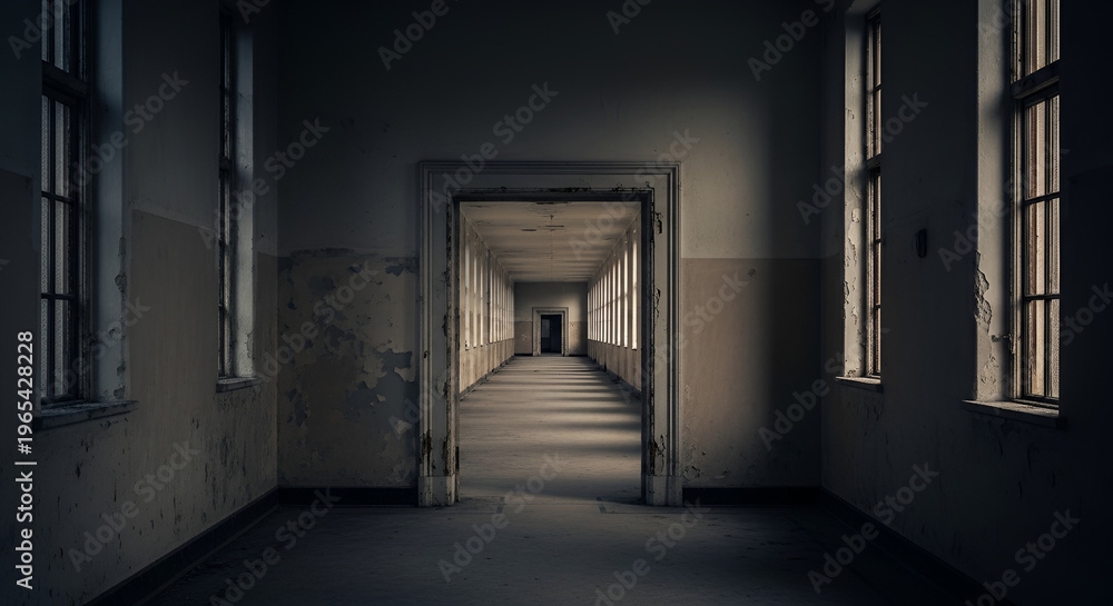 Obraz premium Eerie view of a long deserted corridor in an abandoned building with peeling paint and open doorway in dark monochromatic tone