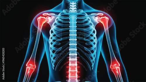 Skeletal Anatomy and Pain: A detailed view of the human skeletal system, highlighting areas of pain, such as joints and spine, using an x-ray-like, medical visualization.