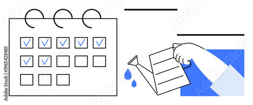 Productivity, time management, goal setting, organization, task prioritization, workflow improvement. A calendar with checkmarks and a hand watering a document. Productivity and time management