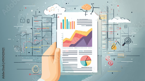 Businessman hand holding financial data analysis report with infographic elements.