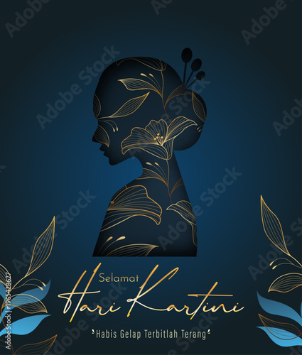 Kartini Day Poster with Elegant Woman Silhouette and Gold Floral Accents