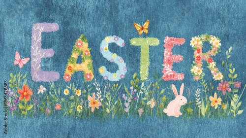 Celebrate Easter with colorful letters and flowers in springtime garden