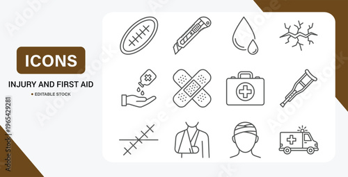 Injury & First Aid Symbol Set – Vector Collection of Wounds, Bandages, Ambulance & Emergency Care Icons