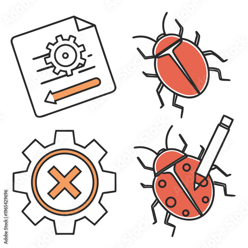 A vector graphic illustration of bug fixing and maintenance icons in a flat minimal design style