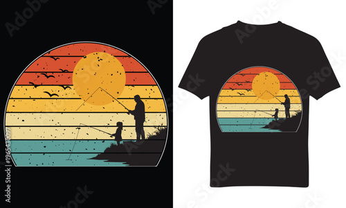 Father and Child Fishing at Sunset Retro Vintage T-Shirt Design Silhouette Lake Scene