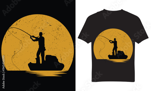 Fisherman on Boat Sunset Silhouette Minimal Vintage Fishing T-Shirt Design