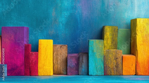 Colorful wooden blocks arranged on a blue background at a craft space