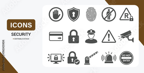 Security Icon Set – Vector Collection of Access Control, Fingerprint Scan, CCTV, Lock & Warning Symbols