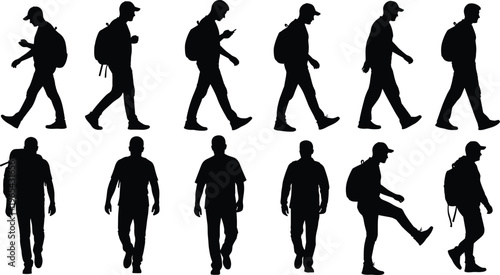 Black, silhouettes, of, men, walking, in, various, directions, wearing, backpacks, and, caps, shown, from, side, and, front, views, isolated, on, white, background, vector, illustration