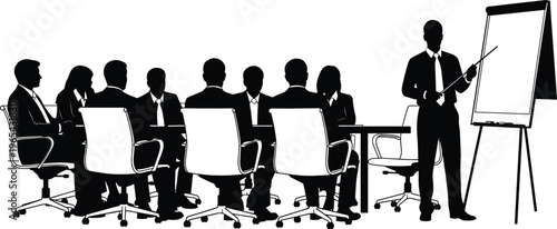 Business people silhouettes in office meeting with leader giving presentation on flipchart board flat vector illustration isolated on white background for corporate training