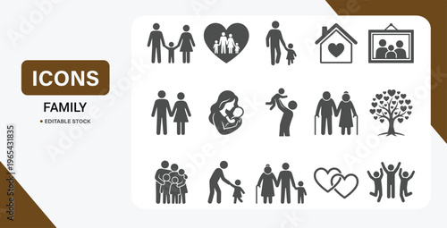 Family Icon Collection – Vector Set of Love, Support, Generations, Unity & Joyful Moments