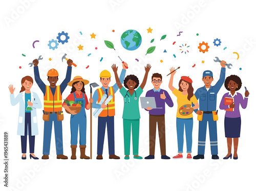 Diverse Global Workforce Illustration: Professionals from Various Fields Unite in a Celebratory Display of Collaboration