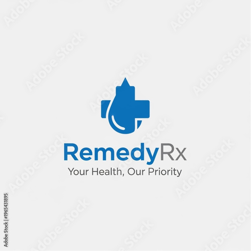 RemedyRx Logo Featuring a Blue Cross and Droplet Symbolizing Health and Care.