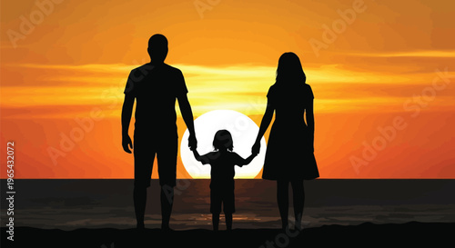 Family silhouette at sunset, beach scene, parent and child, orange sky, vacation background