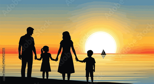 Family silhouette, sunset, beach, vector illustration, family holding hands, tropical vacation