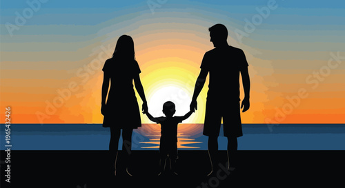 Family silhouette, sunset beach scene, vector family icon, parent child love