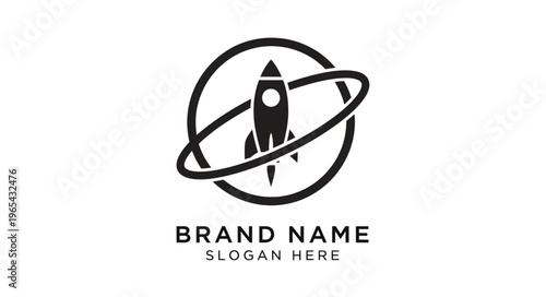Rocket orbiting planet logo design for space exploration brand identity.
