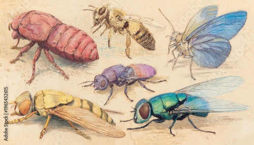 Insects drawn with colored pencils on a light background