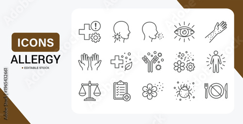 Allergy Icon Collection – Vector Set Illustrating Allergic Reactions, Sneezing, Itchy Eyes, Rash & Swelling