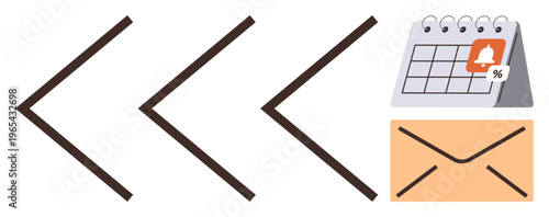 Communication, reminders, email alerts, scheduling, notifications, organization. Brown arrows pointing to a calendar icon with an alert and an envelope. Communication and reminders concept