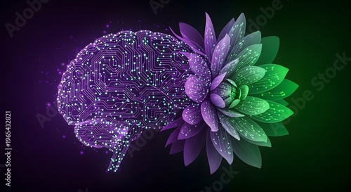 Digital brain circuit board and blooming flower conceptual illustration