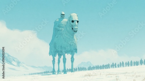 A large skeleton horse holds a rider in a snowy area