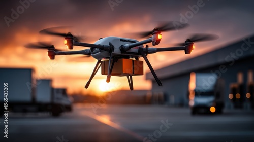 Cargo drone delivering a package above a logistics hub at sunset with trucks in the background.