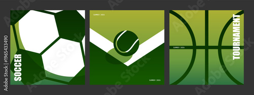 Multi Sport Tournament Poster Set Vector with Soccer Tennis and Basketball on Green Gradient Background for Summer Championship Event Design