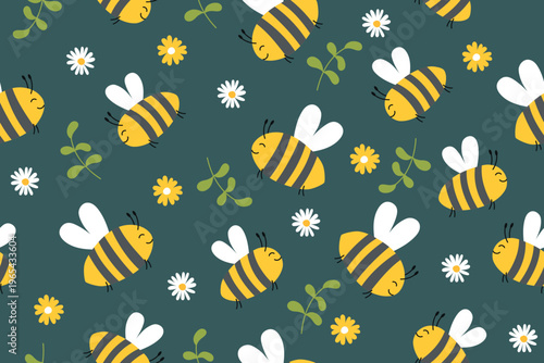 Seamless pattern of bees and flowers on a dark background. Summer, honey concepts. Vector hand drawn childish banner.