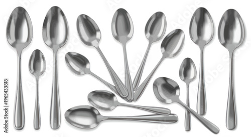 Collection of Polished Stainless Steel Spoons of Various Sizes on White Background