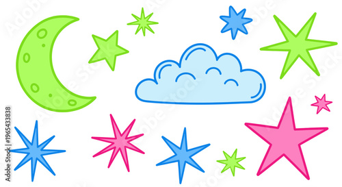 Cute cartoon moon, stars, and cloud illustration for kids, vector art