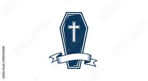 Dark Blue Coffin With Cross Emblem and Banner