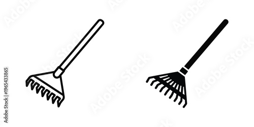 Two types of garden rakes shown in contrasting black and white styles