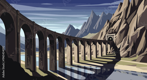 stone bridge, arched viaduct, mountain landscape, scenic illustration