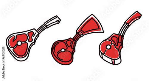 Three Raw Lamb Chops on White Background, Vector Illustration