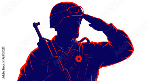 Soldier Saluting with Rifle, Remembrance Poppy - Military Silhouette