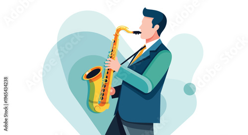 Saxophone player, jazz musician, music icon, vector illustration, blue background