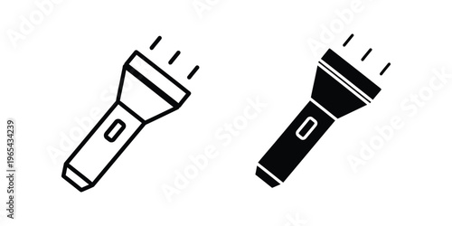 Two flashlights depicted in contrasting black and white styles with light beams emanating from them