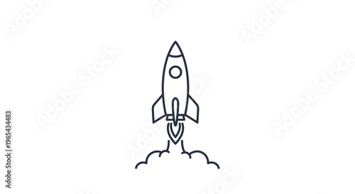 Rocket launch icon, space shuttle takeoff symbol, black line art rocketship blasting off, business success concept