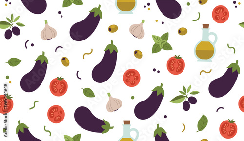 Food Illustration Vector Set Featuring Eggplants, Tomatoes, Garlic, Olives, and Olive Oil for Organic Cooking and Healthy