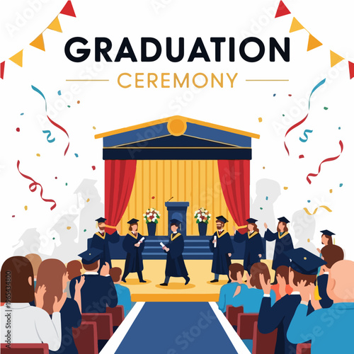  Graduation Ceremony Vector Poster  Formal Commencement  Flat Illustration with Elegant Black and Gold