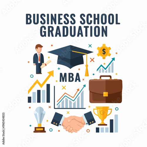  Business School Graduation Vector Poster  MBA Achievement  Flat Illustration with Professional Navy Blue and Silver