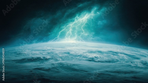 Lightning strikes over Earth during storm in space at night time