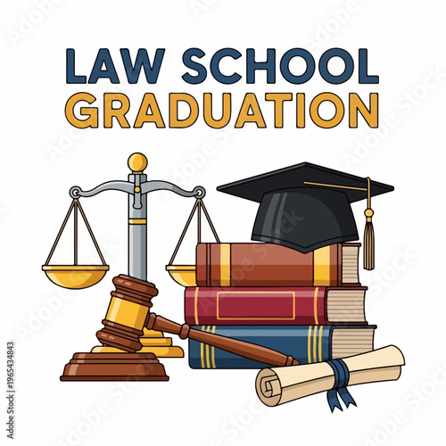 Law School Graduation Vector Poster  Legal Achievement  Flat Illustration with Dignified Navy Blue and Gold