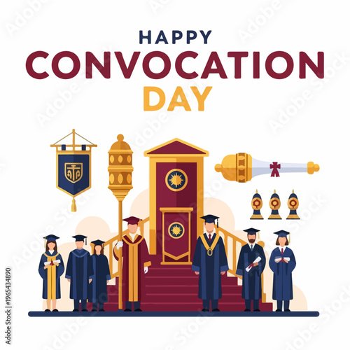  Happy Convocation Day Vector Poster  Academic Ceremony  Flat Illustration with Dignified Burgundy and Gold