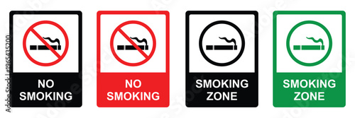 No smoking and smoking zone signs with cigarette icons in red black and green colors for public areas safety information and designated areas.