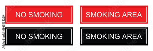 No smoking and smoking area rectangular horizontal signs set in red and black colors with white text for public facility guidance and regulation.