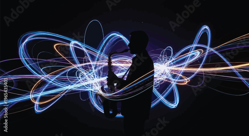 Silhouette of a person playing electric guitar, neon light trails, music performance, abstract background
