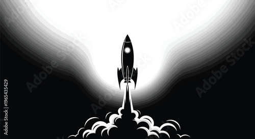 Rocket launch, space exploration, black and white vector, astronomy icon, spacecraft takeoff